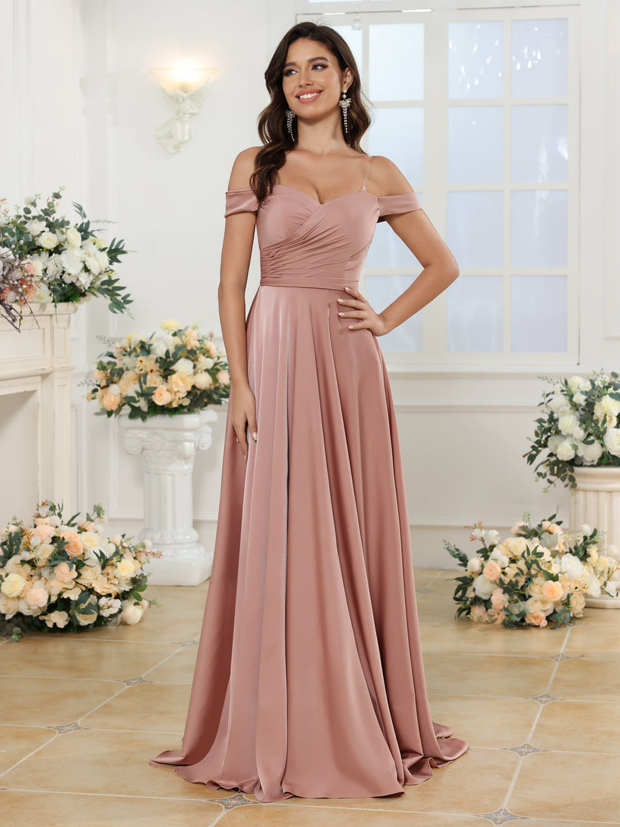 Vestidos Longos para Festa de Casamento com Ombros à Mostra e Fenda Lateral em Estilo A-Line/Princesa