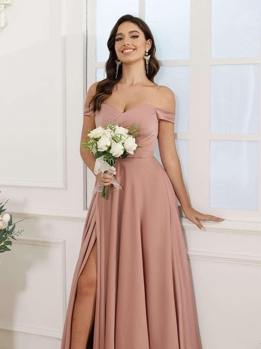 Vestidos Longos para Festa de Casamento com Ombros à Mostra e Fenda Lateral em Estilo A-Line/Princesa