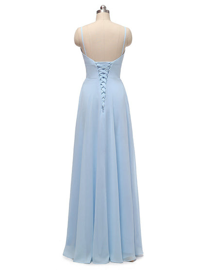 Princesa/Formato A Decote Em V Sem Mangas Chiffon com Pregas Até Ao Chão Vestidos de Madrinha