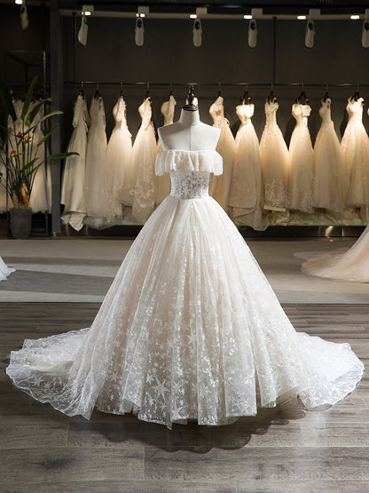 Tule Sem Mangas Strapless Court Train com Babado Estrela Vestido de Baile Vestidos de Casamento