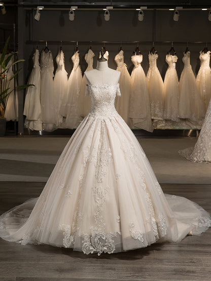Off-The-Ombro Mangas Curtas Tule Applique com Beading Court Train Vestidos de Casamento