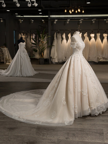 Off-The-Ombro Mangas Curtas Tule Applique com Beading Court Train Vestidos de Casamento