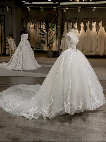 Scoop Mangas Tule Bordado com Miçangas Tribunal Trem Vestido de Baile Vestidos de Casamento