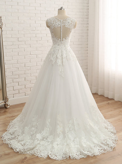 Princesa/Formato A Decote Em V Sem Mangas Apliques de Tule Até Ao Chão Vestidos de Noiva