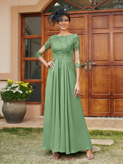 Vestidos Longos de Noite com Mangas Meio Comprimento e Aplicações de Renda em Estilo A-Line/Princesa