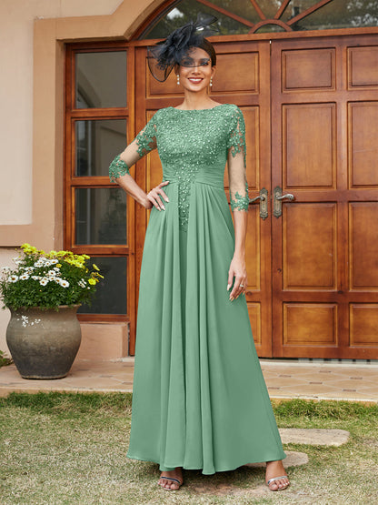 Vestidos Longos de Noite com Mangas Meio Comprimento e Aplicações de Renda em Estilo A-Line/Princesa