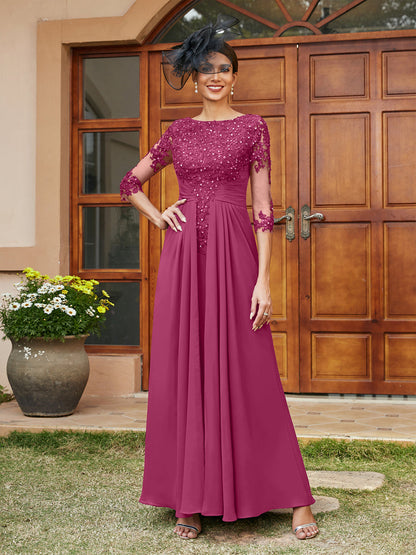 Vestidos Longos de Noite com Mangas Meio Comprimento e Aplicações de Renda em Estilo A-Line/Princesa