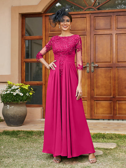 Vestidos Longos de Noite com Mangas Meio Comprimento e Aplicações de Renda em Estilo A-Line/Princesa