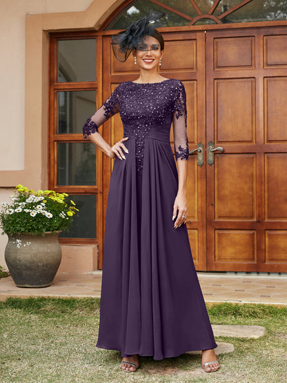 Vestidos Longos de Noite com Mangas Meio Comprimento e Aplicações de Renda em Estilo A-Line/Princesa