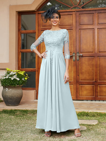 Vestidos Longos de Noite com Mangas Meio Comprimento e Aplicações de Renda em Estilo A-Line/Princesa