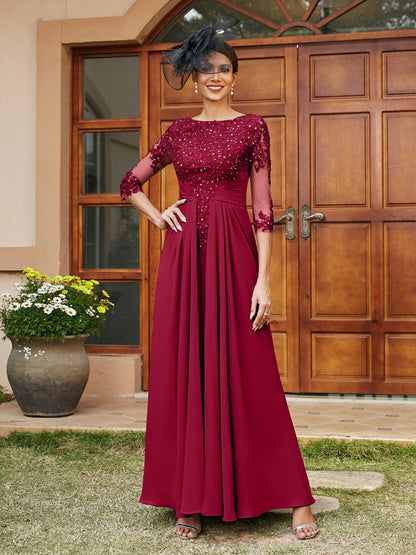Vestidos Longos de Noite com Mangas Meio Comprimento e Aplicações de Renda em Estilo A-Line/Princesa