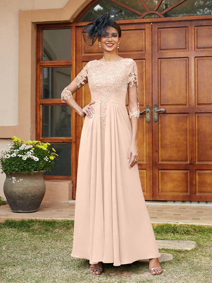 Vestidos Longos de Noite com Mangas Meio Comprimento e Aplicações de Renda em Estilo A-Line/Princesa
