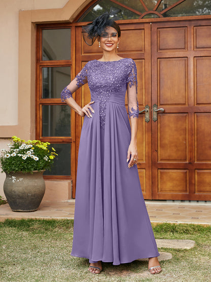 Vestidos Longos de Noite com Mangas Meio Comprimento e Aplicações de Renda em Estilo A-Line/Princesa