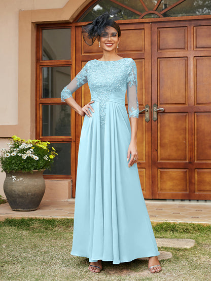 Vestidos Longos de Noite com Mangas Meio Comprimento e Aplicações de Renda em Estilo A-Line/Princesa