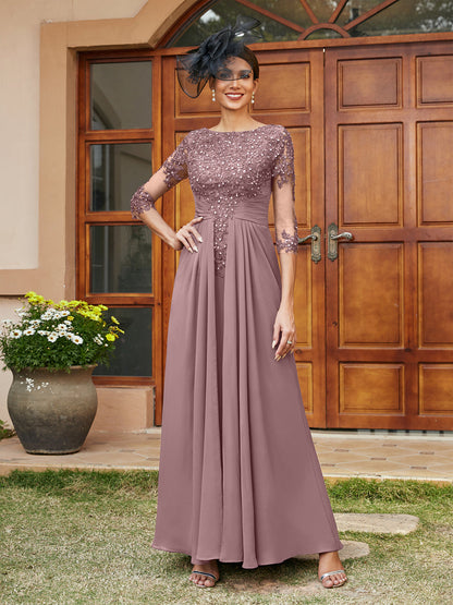 Vestidos Longos de Noite com Mangas Meio Comprimento e Aplicações de Renda em Estilo A-Line/Princesa