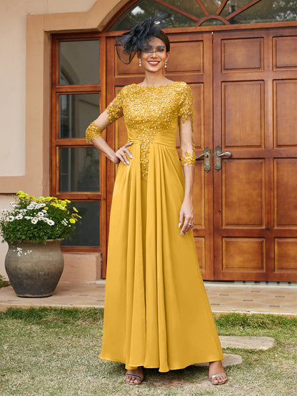 Vestidos Longos de Noite com Mangas Meio Comprimento e Aplicações de Renda em Estilo A-Line/Princesa