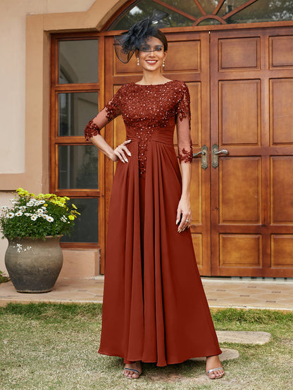 Vestidos Longos de Noite com Mangas Meio Comprimento e Aplicações de Renda em Estilo A-Line/Princesa