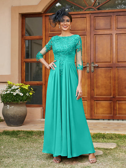 Vestidos Longos de Noite com Mangas Meio Comprimento e Aplicações de Renda em Estilo A-Line/Princesa