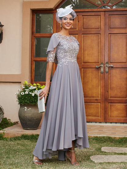 Vestidos Longos de Noite com Mangas Meio Comprimento e Gola Transparente Bordados em Estilo A-Line/Princesa