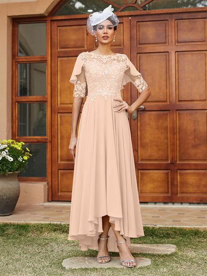 Vestidos Longos de Noite com Mangas Meio Comprimento e Gola Transparente Bordados em Estilo A-Line/Princesa