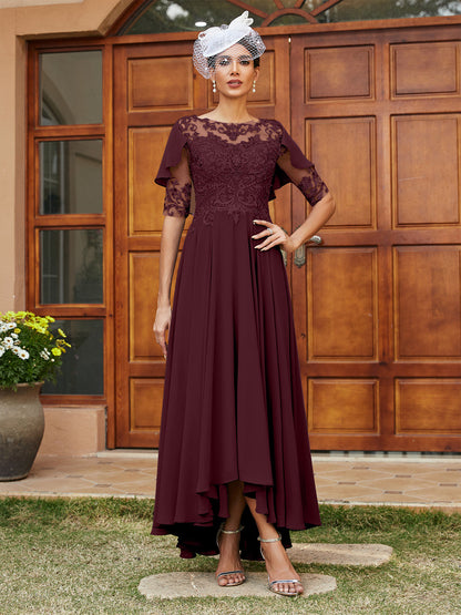 Vestidos Longos de Noite com Mangas Meio Comprimento e Gola Transparente Bordados em Estilo A-Line/Princesa