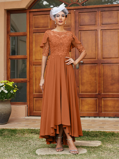 Vestidos Longos de Noite com Mangas Meio Comprimento e Gola Transparente Bordados em Estilo A-Line/Princesa