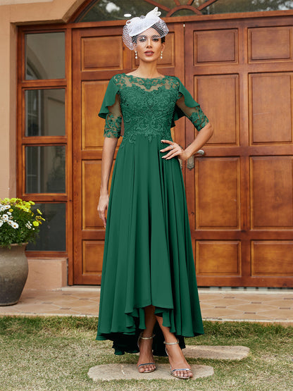 Vestidos Longos de Noite com Mangas Meio Comprimento e Gola Transparente Bordados em Estilo A-Line/Princesa