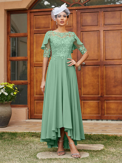 Vestidos Longos de Noite com Mangas Meio Comprimento e Gola Transparente Bordados em Estilo A-Line/Princesa