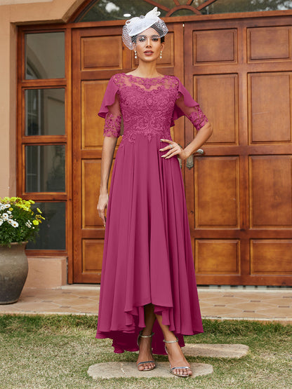 Vestidos Longos de Noite com Mangas Meio Comprimento e Gola Transparente Bordados em Estilo A-Line/Princesa