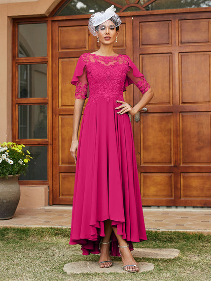 Vestidos Longos de Noite com Mangas Meio Comprimento e Gola Transparente Bordados em Estilo A-Line/Princesa