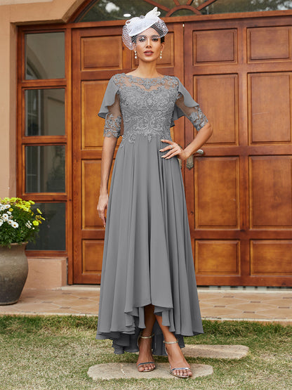 Vestidos Longos de Noite com Mangas Meio Comprimento e Gola Transparente Bordados em Estilo A-Line/Princesa