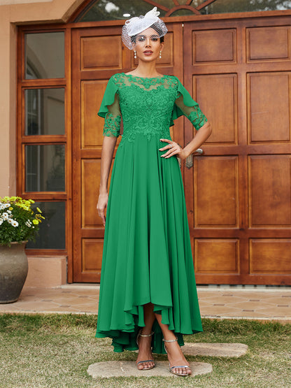 Vestidos Longos de Noite com Mangas Meio Comprimento e Gola Transparente Bordados em Estilo A-Line/Princesa