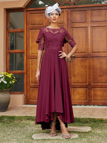 Vestidos Longos de Noite com Mangas Meio Comprimento e Gola Transparente Bordados em Estilo A-Line/Princesa