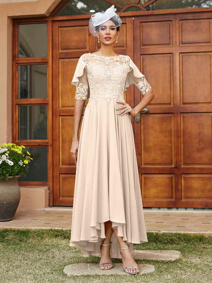 Vestidos Longos de Noite com Mangas Meio Comprimento e Gola Transparente Bordados em Estilo A-Line/Princesa