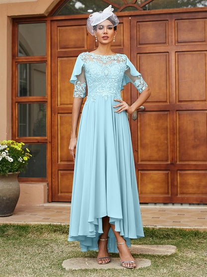 Vestidos Longos de Noite com Mangas Meio Comprimento e Gola Transparente Bordados em Estilo A-Line/Princesa