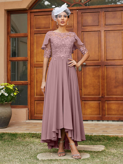 Vestidos Longos de Noite com Mangas Meio Comprimento e Gola Transparente Bordados em Estilo A-Line/Princesa