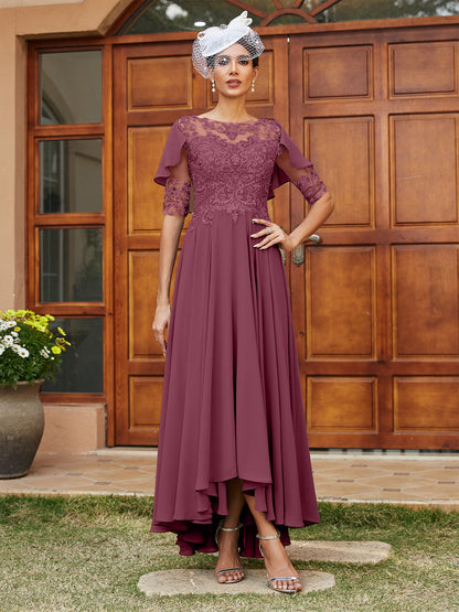 Vestidos Longos de Noite com Mangas Meio Comprimento e Gola Transparente Bordados em Estilo A-Line/Princesa