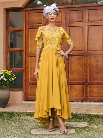 Vestidos Longos de Noite com Mangas Meio Comprimento e Gola Transparente Bordados em Estilo A-Line/Princesa