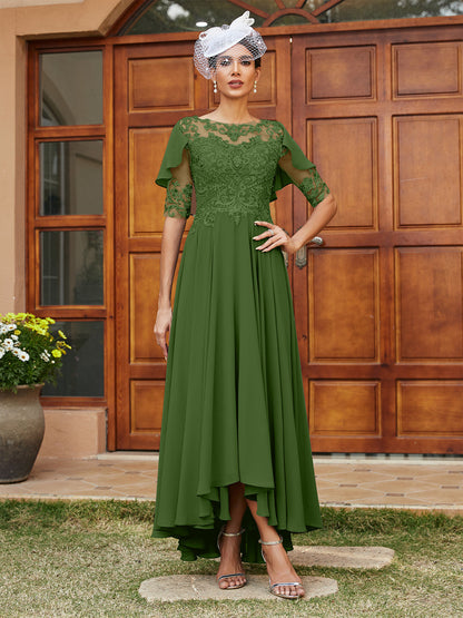Vestidos Longos de Noite com Mangas Meio Comprimento e Gola Transparente Bordados em Estilo A-Line/Princesa
