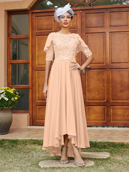 Vestidos Longos de Noite com Mangas Meio Comprimento e Gola Transparente Bordados em Estilo A-Line/Princesa