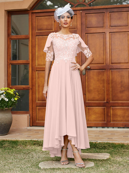 Vestidos Longos de Noite com Mangas Meio Comprimento e Gola Transparente Bordados em Estilo A-Line/Princesa