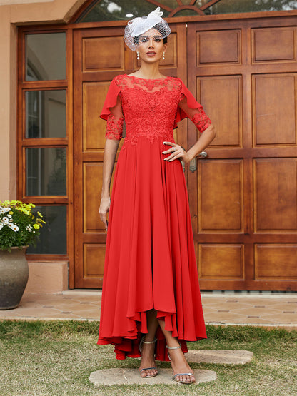 Vestidos Longos de Noite com Mangas Meio Comprimento e Gola Transparente Bordados em Estilo A-Line/Princesa