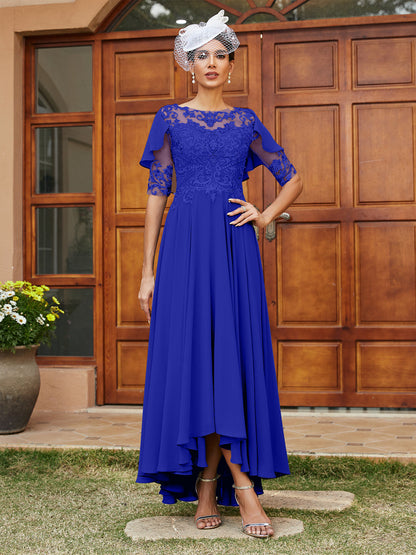 Vestidos Longos de Noite com Mangas Meio Comprimento e Gola Transparente Bordados em Estilo A-Line/Princesa