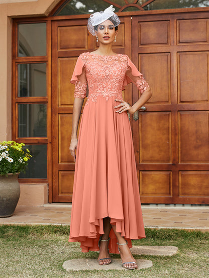 Vestidos Longos de Noite com Mangas Meio Comprimento e Gola Transparente Bordados em Estilo A-Line/Princesa