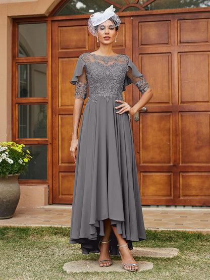 Vestidos Longos de Noite com Mangas Meio Comprimento e Gola Transparente Bordados em Estilo A-Line/Princesa