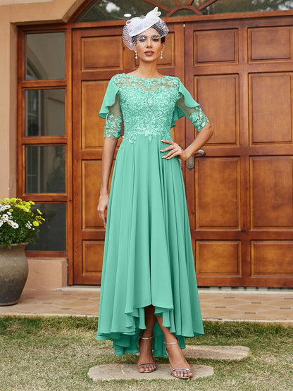 Vestidos Longos de Noite com Mangas Meio Comprimento e Gola Transparente Bordados em Estilo A-Line/Princesa