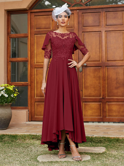 Vestidos Longos de Noite com Mangas Meio Comprimento e Gola Transparente Bordados em Estilo A-Line/Princesa