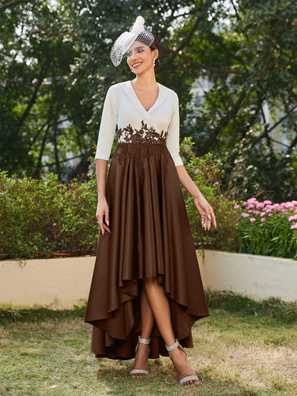 Vestidos Longos de Noite com Mangas Meio Comprimento e Gola em V Bordados em Estilo A-Line/Princesa