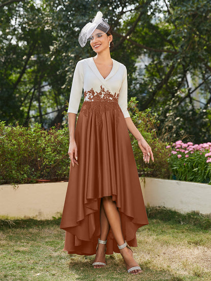 Vestidos Longos de Noite com Mangas Meio Comprimento e Gola em V Bordados em Estilo A-Line/Princesa