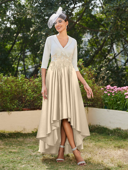 Vestidos Longos de Noite com Mangas Meio Comprimento e Gola em V Bordados em Estilo A-Line/Princesa